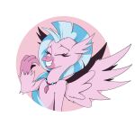 abstract_background anthro avian beak blue_hair claws collar european_mythology female friendship_is_magic fur greek_mythology hair hasbro hi_res hippogriff jewelry laugh mane my_little_pony mythological_avian mythological_creature mythology necklace pink_body pink_fur silverstream_(mlp) smile solo teeth turkojar wings