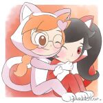  2girls animal_costume ashley_(warioware) black_hair brown_eyes cat_costume cuddling hug multiple_girls nintendo orange_hair penny_crygor plushietoon red_eyes short_twintails twintails warioware yuri 