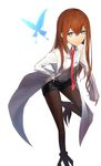  blue_eyes brown_hair bug butterfly insect jacket legwear_under_shorts long_hair makise_kurisu necktie off_shoulder pantyhose red_neckwear shorts simple_background sky341125290 solo steins;gate white_background 