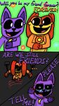 anthro blood bodily_fluids canid canine canis catnap_(poppy_playtime) chain comic crying crying_laughing dogday_(poppy_playtime) domestic_cat domestic_dog duo felid feline felis flower frown fur gore grass happy hi_res laugh male male/male mammal mob_entertainment orange_body orange_fur organs plant poppy_playtime purple_body purple_fur sad smile smiling_critters tears text tinky