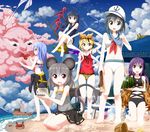  6+girls :d :o adapted_costume animal_ears animal_print asymmetrical_wings barefoot basket beach bikini bikini_skirt bird bishamonten's_pagoda black_hair black_swimsuit blonde_hair blue_bikini blue_eyes blue_hair blue_sky blue_swimsuit brown_eyes brown_hair cheese chopsticks cloud crab day feeding fishing_rod food fruit gradient_hair grey_hair hair_ornament hat highres hijiri_byakuren houjuu_nue kesa kneeling kumoi_ichirin long_hair looking_at_viewer mouse_ears mouse_tail multicolored_hair multiple_girls murasa_minamitsu navel nazrin neckerchief open_mouth outdoors purple_hair red_eyes ruu_(tksymkw) sailor_bikini sailor_collar sailor_hat seiza shawl ship shirt sitting skirt sky sleeveless sleeveless_shirt smile standing swimsuit tail tiger_print toramaru_shou touhou ufo unzan very_long_hair watercraft watermelon white_bikini white_swimsuit wings yellow_eyes 