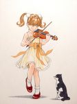  absurdres bare_shoulders bow_(instrument) cat child choker closed_eyes dress hair_ornament highres instrument kubonouchi_eisaku leg_up lips music original playing_instrument red_footwear shoes socks standing standing_on_one_leg traditional_media twintails violin white_background white_legwear yellow_dress 