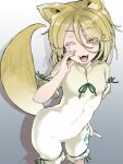  1girl animal_ear_fluff animal_ears blonde_hair blush commentary_request cowboy_shot fangs fox_ears fox_girl fox_tail gradient_background green_ribbon grey_background hand_up highres holding holding_test_tube kudamaki_tsukasa looking_at_viewer neck_ribbon one_eye_closed open_mouth ribbon shika_miso short_hair sleeve_ribbon smile solo tail test_tube touhou white_background yellow_eyes 