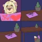 2025 absurd_res accessory anthro blonde_hair brown_body brown_ears brown_eyes brown_fur brown_nose comic dasherslash digital_media_(artwork) ear_piercing facial_piercing fur furniture hair hair_accessory hairband half-closed_eyes happy heart_symbol hi_res highlights_(coloring) holding_object holidays inside letter lip_piercing love_letter male mammal multicolored_body multicolored_fur mustelid narrowed_eyes otter owen_(dasherslash) paper piercing plant plant_pot ponytail purple_hairband smile solo table tan_body tan_fur trash trash_can two_tone_body two_tone_fur valentine's_day valentine's_day_card writing_text xoxo