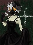  1girl black_dress breasts cleavage dress flower formal garactor_aduki gas_mask gloves hat medium_breasts plant sabitsuki short_hair solo white_hair 