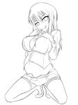  breasts copyright_request greyscale highres large_breasts lineart long_hair looking_at_viewer monochrome moodycat naughty_face pregnant skirt smile solo thighhighs 
