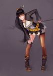  alternate_costume ara_han bass386 belt black_hair boots brown_legwear cropped_jacket elsword full_body grey_background hair_ornament hairpin hand_on_hip highres leaning_forward little_devil_(elsword) long_hair orange_eyes ponytail single_thighhigh skirt smile solo thighhighs 