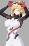  1girl absurdres amayo_thranana arms_up blonde_hair bodystocking breasts closed_mouth commentary_request dress earrings eyewear_on_head gloves grey_background highres hololive hololive_indonesia jewelry kaela_kovalskia kaela_kovalskia_(1st_costume) large_breasts looking_at_viewer one_eye_closed red-tinted_eyewear red_eyes red_gloves simple_background single_glove smile solo tinted_eyewear virtual_youtuber white_dress 