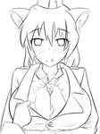  animal_ears between_breasts breasts cat_ears greyscale huge_breasts licking_lips lineart looking_at_viewer monochrome moodycat necktie necktie_between_breasts shirt_pull smile solo tongue tongue_out unbuttoned upper_body world_of_tanks 
