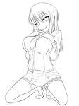  breasts copyright_request greyscale highres large_breasts lineart long_hair looking_at_viewer monochrome moodycat naughty_face skirt smile solo thighhighs 