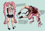  backpack bag dated disguise english grin j-e-m-g long_hair mary_janes monster original pink_hair purple_eyes randoseru school_uniform shoes signature smile socks teeth twintails v vagina_dentata very_long_hair white_legwear 