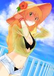  :d absurdres bikini black_bikini blonde_hair blue_sky breasts cleavage cloud day dutch_angle fence flower green_eyes grin gulim hands_on_headwear hat hat_flower hibiscus highres hoshii_miki idolmaster idolmaster_(classic) long_hair looking_at_viewer medium_breasts midriff navel ocean open_fly open_mouth railing see-through shade shirt short_shorts shorts sky smile solo sun_hat sunlight swimsuit unzipped water 