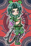  1041_(toshikazu) 1girl blade breasts character_name cleavage green_hair grin jewelry looking_at_viewer lowres mole purple_eyes ring smile solo soul_calibur soulcalibur_iii standing tira tira_(soulcalibur) weapon 