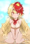  1girl absurdres alternate_costume animal_on_head beach between_legs bikini bird bird_on_head bird_wings blonde_hair blue_sky blurry blurry_background blush breasts breasts_squeezed_together chicken cleavage cloud commentary_request day full_body hand_between_legs highres looking_at_viewer medium_breasts multicolored_hair neckerchief niwatari_kutaka on_head open_mouth orange_eyes outdoors red_hair red_neckerchief seiza shika_miso sitting sky smile solo swimsuit touhou two-tone_hair white_bikini wings yellow_wings 