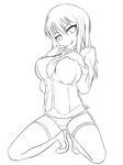  breasts copyright_request greyscale highres large_breasts lineart long_hair looking_at_viewer monochrome moodycat naughty_face panties smile solo thighhighs underwear 