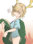  1girl anger_vein angry antlers blonde_hair blue_shirt blush bottomless breasts clenched_teeth commentary_request cowboy_shot dragon_girl dragon_tail fire highres horns kicchou_yachie looking_at_viewer looking_to_the_side red_eyes shika_miso shirt short_hair small_breasts solo spoken_anger_vein tail teeth touhou turtle_shell v-shaped_eyebrows veiny_face white_background yellow_horns 
