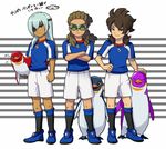  bird blue_hair brown_hair closed_eyes crossed_arms eyepatch fudou_akio full_body goggles inazuma_eleven_(series) inazuma_eleven_go inazuma_eleven_go_vs_danball_senki_w inazuma_legend_japan kidou_yuuto long_hair male_focus mizuhara_aki multiple_boys penguin sakuma_jirou soccer_uniform sportswear standing translation_request 