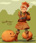  blush full_body gloves green_eyes hairband halloween inazuma_eleven_(series) inazuma_eleven_go kita_ichiban male_focus mizuhara_aki open_mouth orange_hair pumpkin solo 