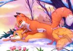abby_(rukifox) canid canine dipstick_ears dipstick_tail ear_markings feral flower fox fur green_eyes lying mammal markings multicolored_ears orange_body orange_eyes orange_fur outside plant rick_(rukifox) rukifox snow tail tail_markings tree