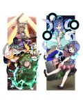  5girls arm_up black_boots black_hat black_ribbon black_shoes black_skirt blue_dress blue_eyes blue_hair blue_hat breasts brown_hair cabbie_hat chinese_clothes closed_mouth coat commentary_request danmaku dress earmuffs electricity electrokinesis fire full_body ghost green_dress grey_hair hat hat_ornament highres japanese_clothes kaku_seiga kariginu kunai lightning looking_at_viewer medium_breasts miyako_yoshika mononobe_no_futo multiple_girls neck_ribbon ofuda open_clothes open_mouth open_vest pointy_hair pom_pom_(clothes) purple_hair pyrokinesis red_shirt ribbon ritual_baton sharp_teeth shika_miso shirt short_hair short_sleeves skirt smile soga_no_tojiko star_(symbol) star_hat_ornament tangzhuang tate_eboshi teeth tombstone touhou toyosatomimi_no_miko vest wavy_hair weapon white_coat white_vest 