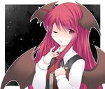  ;o ascot bat_wings book commentary demon_girl dress_shirt hammer_(sunset_beach) head_wings holding holding_book koakuma long_hair long_sleeves looking_at_viewer one_eye_closed open_mouth outline red_eyes red_hair shirt sky solo star_(sky) starry_sky succubus touhou translated upper_body vest wings 
