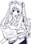  bag blush bow chair desk hair_bow juice_box long_hair monochrome original oryou pencil_case satchel school_uniform sitting solo twintails 