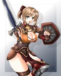  1041_(toshikazu) 1girl alternate_costume blonde_hair blue_eyes bow breasts cassandra_alexandra cleavage hair_bow looking_at_viewer open_mouth shield solo soul_calibur soulcalibur_iii standing sword thighs weapon 