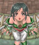  1041_(toshikazu) 1girl :d bare_shoulders bare_shouldrees brown_eyes from_above green_hair looking_at_viewer lowres open_mouth sitting smile solo soul_calibur soulcalibur_ii talim tonfa weapon 