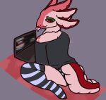 amphibian anthro axolotl axolotl_humanoid clothing computer electronics femboy heart_eyes heart_symbol hi_res inhabitedartist kneeling legwear male marine mole_salamander pink_body salamander solo thigh_highs tongue tongue_out