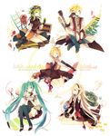  4girls akiyoshi_(tama-pete) belt blue_eyes boots closed_eyes elbow_gloves fingerless_gloves gloves goggles goggles_on_head green_eyes green_hair guitar gumi hair_ornament hair_ribbon hairclip hatsune_miku headphones ia_(vocaloid) instrument jewelry kagamine_len kagamine_rin knee_boots long_hair microphone multiple_girls necklace one_eye_closed ribbon scissors short_hair sitting thighhighs twintails very_long_hair vocaloid 