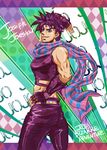  back belt black_hair bloody_stream blue_eyes chartie crop_top fingerless_gloves gloves jojo_no_kimyou_na_bouken joseph_joestar joseph_joestar_(young) looking_back male_focus midriff pants purple_hair scarf solo 