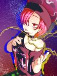  1girl black_hat black_shirt blush breasts chain cleavage commentary_request gold_chain hair_over_one_eye hat hecatia_lapislazuli highres large_breasts off-shoulder_shirt off_shoulder open_mouth red_eyes red_hair shadow shika_miso shirt short_hair smile solo star_(sky) starry_sky_background t-shirt tongue tongue_out touhou upper_body 