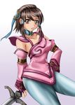  1041_(toshikazu) 1girl brown_eyes brown_hair chai_xianghua choker hair_ornament hand_on_hip looking_at_viewer solo soul_calibur soulcalibur_iii sword weapon 