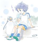  bird full_body inazuma_eleven_(series) inazuma_eleven_go kageyama_hikaru male_focus mizuhara_aki open_mouth penguin purple_hair raimon sitting solo translated 