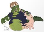 2023 alligator alligatorid anthro artist_logo artist_name belly brown_hair claws clothed clothing confusion crocodilian dated eyewear glasses green_body green_scales hair human human_to_anthro logo male mammal mid_transformation open_mouth overweight overweight_anthro overweight_male recurrent reptile scales scalie simple_background solo species_transformation tail tail_ridge teeth text tongue torn_clothing transformation weight_gain white_background