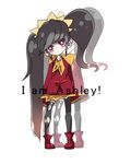  ashley_(warioware) asymmetrical_legwear black_hair blush character_name english long_hair pantyhose pigeon-toed red_eyes simple_background skull sleeves_past_wrists solo standing thighhighs torn_clothes torn_legwear twintails uneven_twintails very_long_hair warioware white_background 