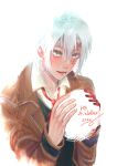  1boy allen_walker bright_background brown_coat coat collared_coat collared_shirt colored_extremities d.gray-man facial_mark green_stripes green_vest grey_eyes hair_between_eyes happy_birthday highres holding holding_snowball looking_at_object looking_down necktie open_mouth red_necktie scar scar_on_face shirt short_hair shou sidelocks smile snowball solo star_(symbol) star_facial_mark striped_coat trench_coat vest white_background white_hair white_shirt 