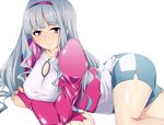  1girl blush breasts cleavage cleavage_cutout erect_nipples female grey_hair hairband headband idolmaster idolmaster_xenoglossia large_breasts long_hair looking_at_viewer lying on_stomach pink_eyes shijou_takane shorts simple_background smile solo white white_background 