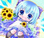  alternate_costume apron blue_eyes blue_hair blush_stickers bouquet bow chibi cirno dutch_angle flower gradient gradient_background hair_bow japanese_clothes kimono kneehighs knees_together_feet_apart light_particles looking_at_viewer open_mouth outline polka_dot polka_dot_background short_hair solo sunflower touhou tsukiori_sasa 