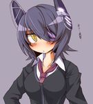  bad_id bad_pixiv_id blush breasts eyepatch headgear kantai_collection konohana_saku looking_at_viewer medium_breasts necktie open_mouth short_hair solo tenryuu_(kantai_collection) translated yellow_eyes 