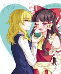  2girls ascot blonde_hair blue_vest blush bow braid brown_hair closed_mouth commentary_request cupcake detached_sleeves eye_contact feeding food frilled_bow frilled_hair_tubes frills green_bow hair_bow hair_tubes hakurei_reimu hand_on_another&#039;s_waist heart highres holding holding_food kirisame_marisa long_hair long_sleeves looking_at_another mito_(fate) multiple_girls no_headwear one_eye_closed red_bow red_eyes red_skirt ribbon-trimmed_sleeves ribbon_trim side_braid signature single_braid skirt skirt_set smile touhou twitter_username vest white_day yellow_ascot yellow_eyes yuri 