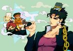  black_hair chain chibi cigarette green_eyes iggy_(jojo) jean_pierre_polnareff jojo_no_kimyou_na_bouken joseph_joestar kakyouin_noriaki kuujou_joutarou mapi miniboy mohammed_avdol no_hat no_headwear smoke stand_(jojo) star_platinum 