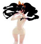  ashley_(warioware) ass back black_hair blush floating_hair from_behind hairband kneepits lizard long_hair looking_back nude orange_hairband rani red_eyes simple_background solo standing twintails warioware white_background wide_hips 