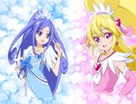  :d aida_mana blonde_hair blue_bow blue_eyes blue_hair bow club_(shape) cure_diamond cure_heart diamond_(shape) dokidoki!_precure hair_ornament half_updo heart heart_hair_ornament hishikawa_rikka index_finger_raised long_hair multiple_girls nanashishi open_mouth pink_eyes pink_sleeves ponytail precure smile spade_(shape) 