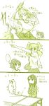  ... 3koma 4girls :d :| alternate_hairstyle bags_under_eyes bouncing_breasts breasts closed_mouth clothes_around_waist comic commentary_request floating_hair green gym_shirt highres holding_paddle jacket_around_waist jitome katou_asuka kenchi kuroki_tomoko long_hair monochrome multiple_girls nemoto_hina open_mouth paddle ponytail pose shirt smile spoken_ellipsis sweat table_tennis_net table_tennis_paddle tamura_yuri track_suit translation_request two_side_up v-shaped_eyebrows watashi_ga_motenai_no_wa_dou_kangaetemo_omaera_ga_warui! 