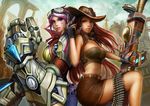  absurdres ammunition_belt back-to-back breasts brown_eyes brown_hair bustier caitlyn_(league_of_legends) fingerless_gloves gauntlets gevurah-studios gloves goggles goggles_on_head gun hat highres large_breasts league_of_legends long_hair looking_at_viewer midriff miniskirt multiple_girls parted_lips pink_eyes pink_hair rifle short_hair skirt sniper_rifle vi_(league_of_legends) weapon 