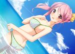  ass bikini blush butt_crack cloud day hair_ribbon happy long_hair ocean ok-ray original partially_submerged pink_hair polka_dot polka_dot_bikini polka_dot_swimsuit ponytail red_eyes ribbon sky solo swimsuit water 