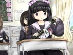  3girls bag black_hair black_serafuku black_shirt black_skirt blunt_bangs bow breasts brown_hair chalkboard classroom commentary cowboy_shot curtains day desk diploma diploma_tube fish fuchina_(fucinami) graduation hair_bow highres holding holding_diploma indoors locker long_sleeves medium_breasts multiple_girls neckerchief open_mouth original pink_bow purple_eyes sailor_collar school_desk school_uniform serafuku shirt short_hair skirt two_side_up white_neckerchief white_sailor_collar window yato-chan_(fuchina) 