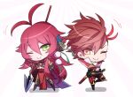  1boy 1girl :&gt; arms_behind_head brown_hair chibi chibi_only crossover green_eyes hair_between_eyes historical_name_connection holding holding_polearm holding_weapon kkkaaaayyy leg_up long_hair looking_at_viewer multicolored_hair name_connection one_eye_closed polearm red_hair sengoku_basara sengoku_bushouki_muramasa shima_sakon_(sengoku_basara) shima_sakon_(sengoku_bushouki_muramasa) short_hair simple_background spear standing standing_on_one_leg two-tone_hair weapon white_background yellow_eyes 