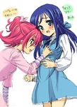  aida_mana blue_eyes blue_hair blush bow braid dokidoki!_precure half_updo hishikawa_rikka homing_(areya) long_hair md5_mismatch multiple_girls open_mouth pink_bow pink_eyes pink_hair precure short_hair sketch touching translated yuri 